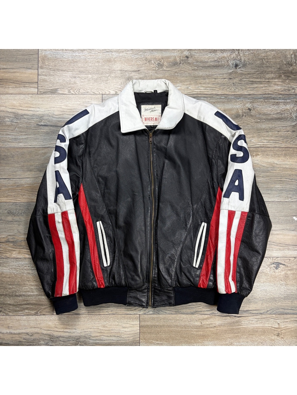 90’s Where Mi USA Flag Leather Jacket